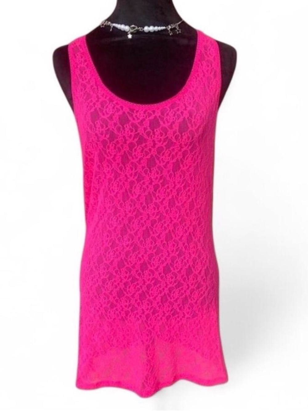 Coquette Y2K Aesthetic Bright Pink Sheer Lace Tank Top
